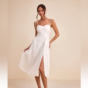 Lulus Loveliest Looks White Floral Jacquard Tie-Strap Midi Dress